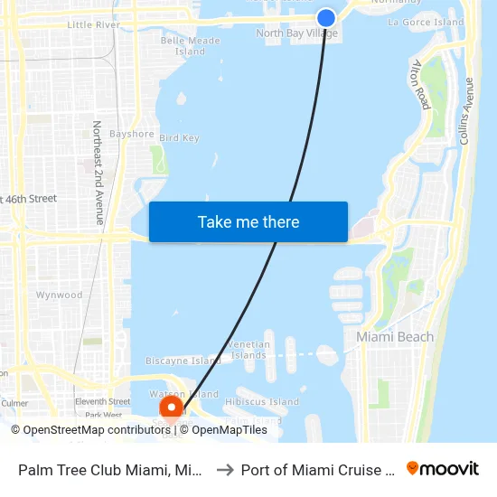 Palm Tree Club Miami, Miami Beach to Port of Miami Cruise Terminal map
