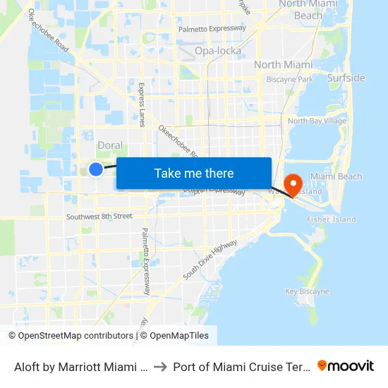 Aloft by Marriott Miami Doral to Port of Miami Cruise Terminal map