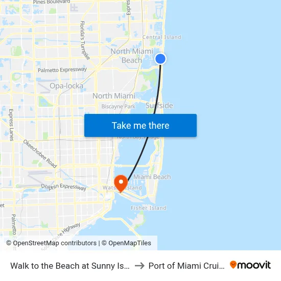 Walk to the Beach at Sunny Isles, Miami Beach to Port of Miami Cruise Terminal map