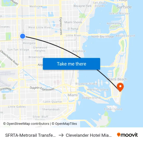 SFRTA-Metrorail Transfer Station to Clevelander Hotel Miami Beach map
