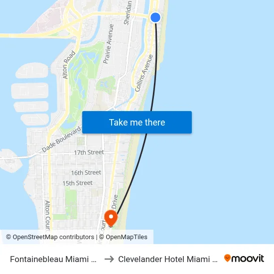 Fontainebleau Miami Beach to Clevelander Hotel Miami Beach map