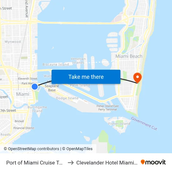 Port of Miami Cruise Terminal to Clevelander Hotel Miami Beach map