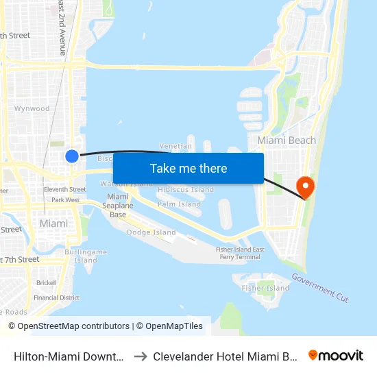 Hilton-Miami Downtown to Clevelander Hotel Miami Beach map