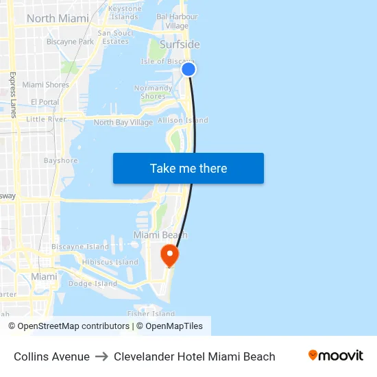 Collins Avenue to Clevelander Hotel Miami Beach map