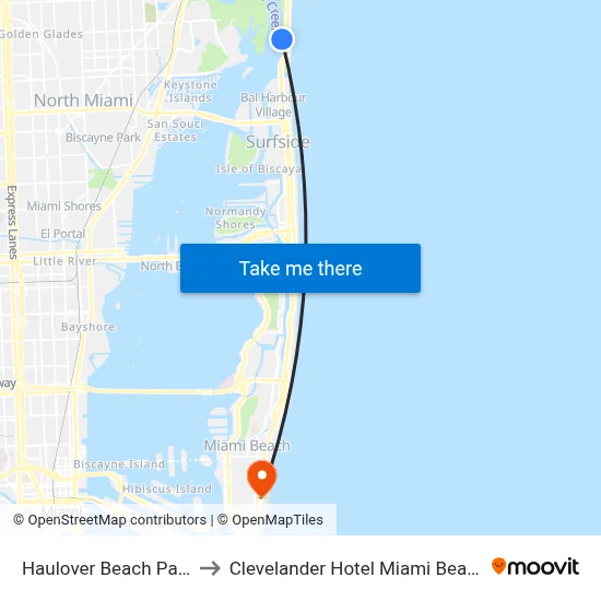 Haulover Beach Park to Clevelander Hotel Miami Beach map
