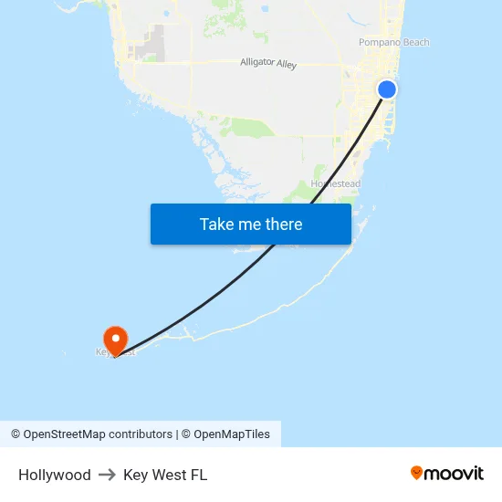 Hollywood to Key West FL map