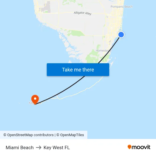 Miami Beach to Key West FL map