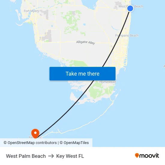 West Palm Beach to Key West FL map