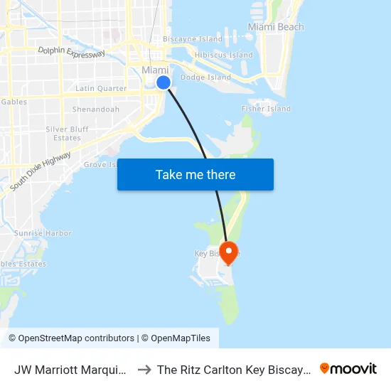 JW Marriott Marquis Miami to The Ritz Carlton Key Biscayne Miami map