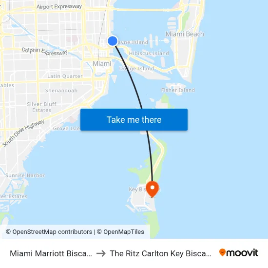 Miami Marriott Biscayne Bay to The Ritz Carlton Key Biscayne Miami map