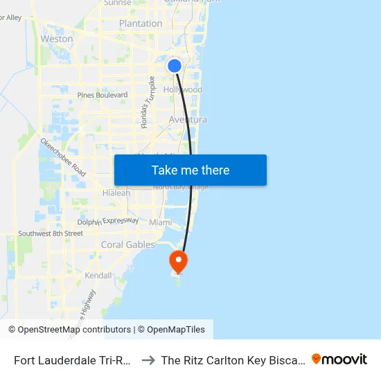 Fort Lauderdale Tri-Rail Station to The Ritz Carlton Key Biscayne Miami map