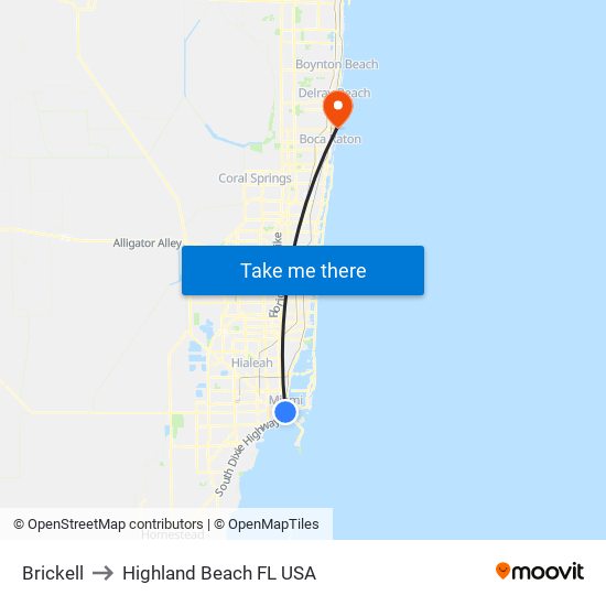 Brickell to Highland Beach FL USA map