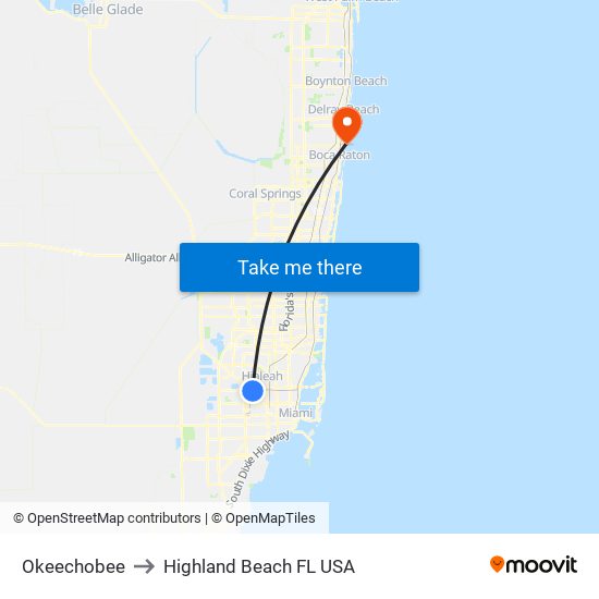 Okeechobee to Highland Beach FL USA map