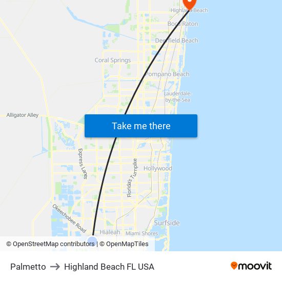 Palmetto to Highland Beach FL USA map