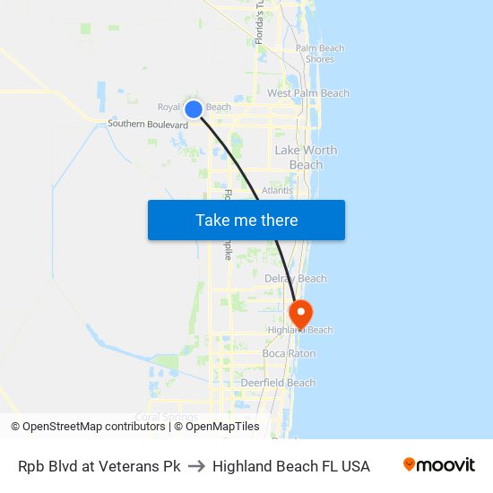 Rpb Blvd at Veterans Pk to Highland Beach FL USA map