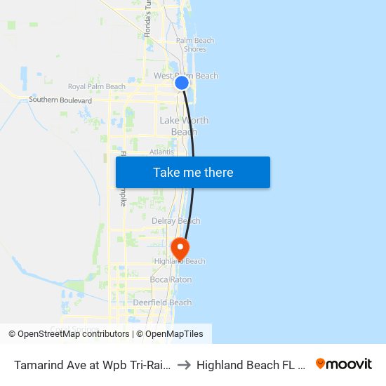 Tamarind Ave at  Wpb Tri-Rail Stn to Highland Beach FL USA map