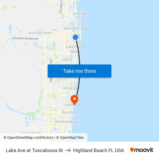 Lake Ave at Tuscaloosa St to Highland Beach FL USA map