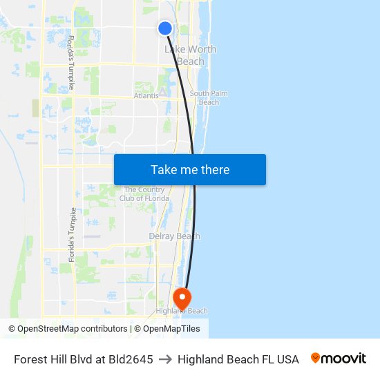 Forest Hill Blvd at Bld2645 to Highland Beach FL USA map