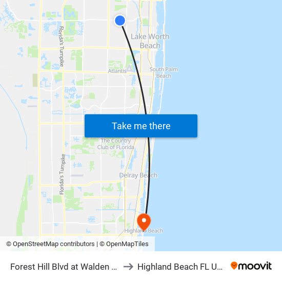 Forest Hill Blvd at Walden Ln to Highland Beach FL USA map