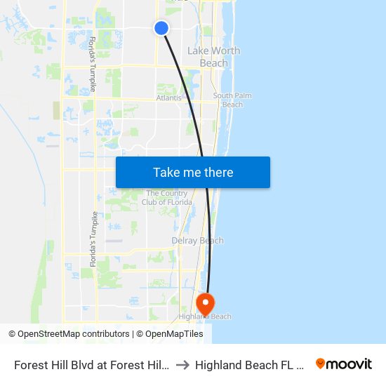 Forest Hill Blvd at Forest Hill Cir to Highland Beach FL USA map
