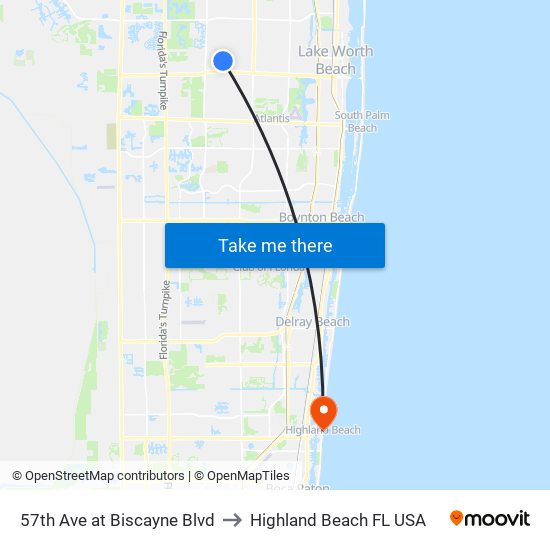 57th Ave at Biscayne Blvd to Highland Beach FL USA map