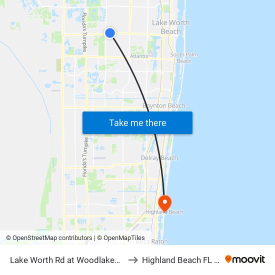 Lake Worth Rd at Woodlakes Blvd to Highland Beach FL USA map