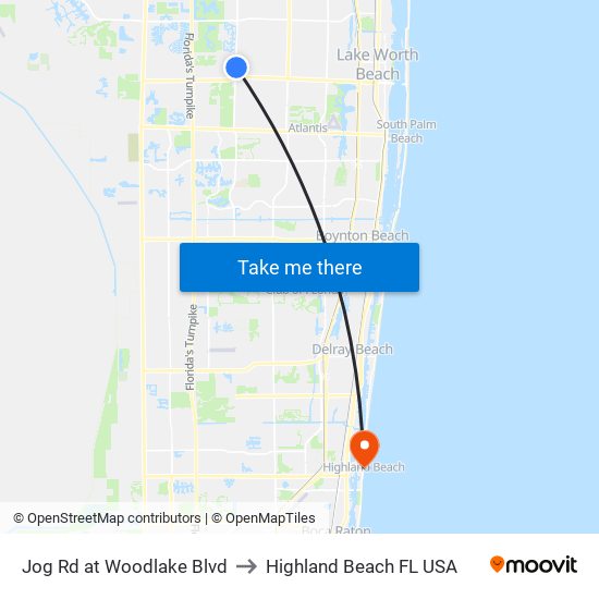 Jog Rd at Woodlake Blvd to Highland Beach FL USA map