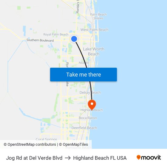 Jog Rd at Del Verde Blvd to Highland Beach FL USA map
