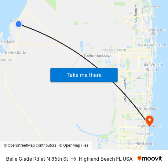 Belle Glade Rd at N 86th St to Highland Beach FL USA map