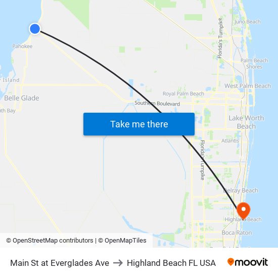 Main St at Everglades Ave to Highland Beach FL USA map