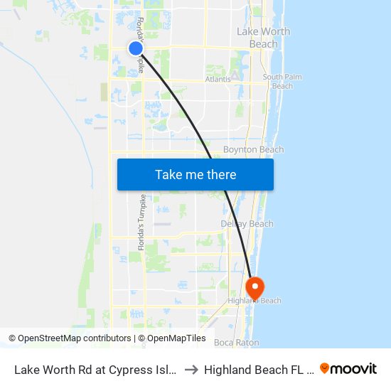 Lake Worth Rd at Cypress Isle Way to Highland Beach FL USA map