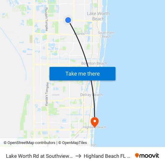 Lake Worth Rd at Southview Ave to Highland Beach FL USA map