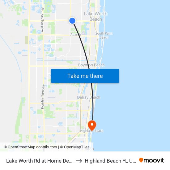 Lake Worth Rd at Home Depot to Highland Beach FL USA map