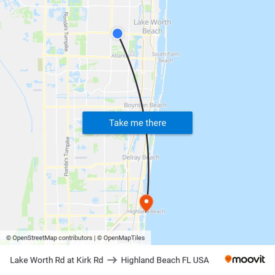 Lake Worth Rd at Kirk Rd to Highland Beach FL USA map