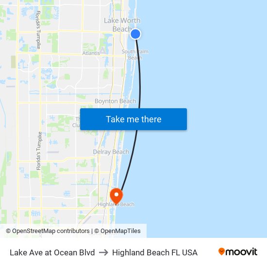 Lake Ave at Ocean Blvd to Highland Beach FL USA map