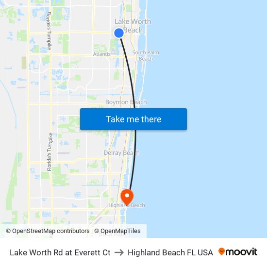Lake Worth Rd at Everett Ct to Highland Beach FL USA map