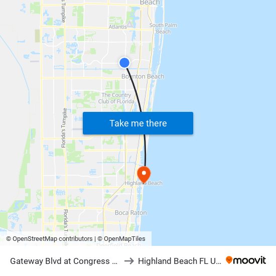 Gateway Blvd at  Congress Ave to Highland Beach FL USA map