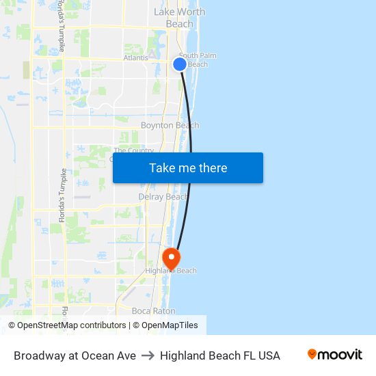 Broadway at Ocean Ave to Highland Beach FL USA map