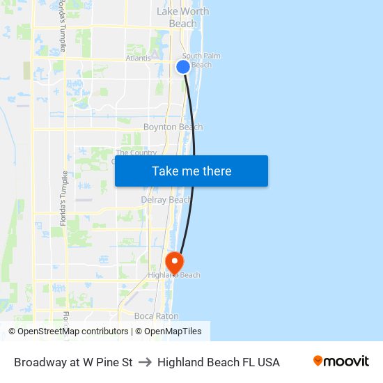 Broadway at  W Pine St to Highland Beach FL USA map
