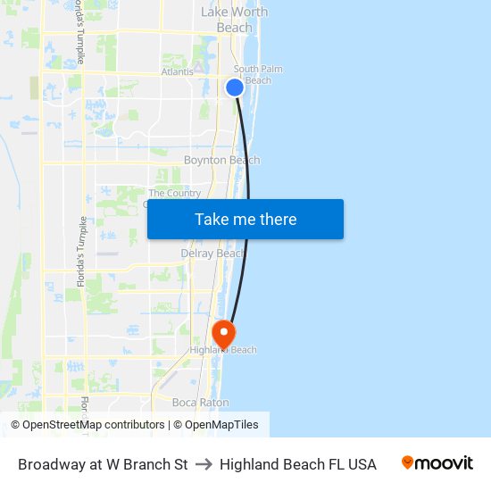 Broadway at  W Branch St to Highland Beach FL USA map