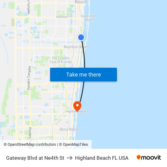 Gateway Blvd at Ne4th St to Highland Beach FL USA map