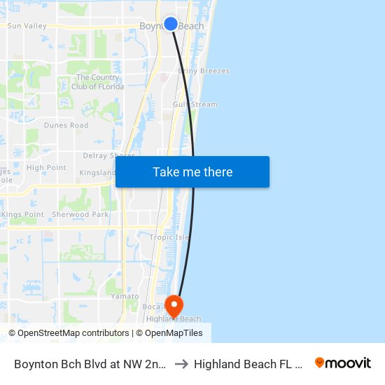 Boynton Bch Blvd at NW 2nd St to Highland Beach FL USA map