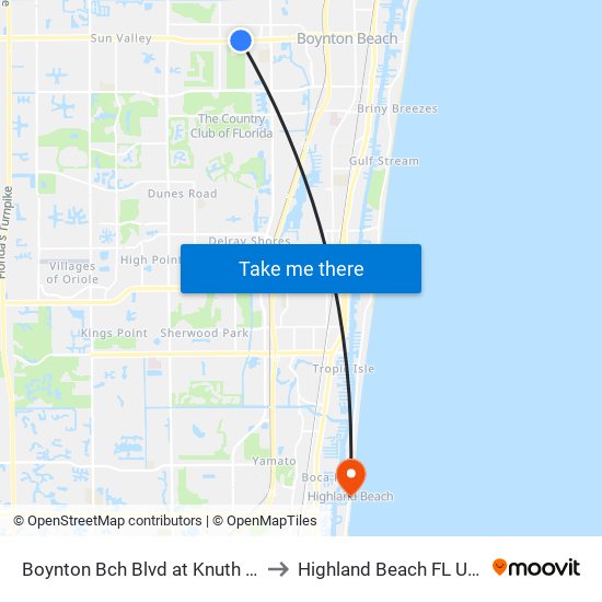 Boynton Bch Blvd at Knuth Rd to Highland Beach FL USA map