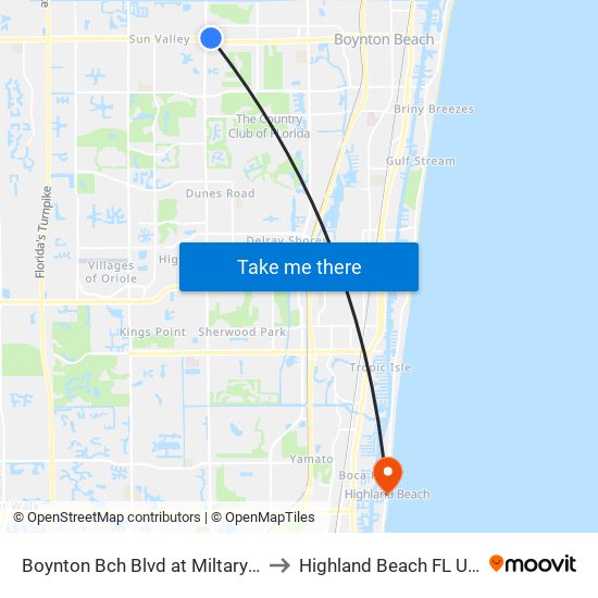Boynton Bch Blvd at Miltary Trl to Highland Beach FL USA map