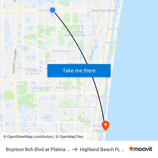 Boynton Bch Blvd at Platina Ave to Highland Beach FL USA map