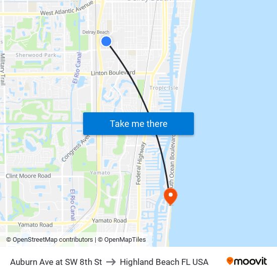 Auburn Ave at SW 8th St to Highland Beach FL USA map