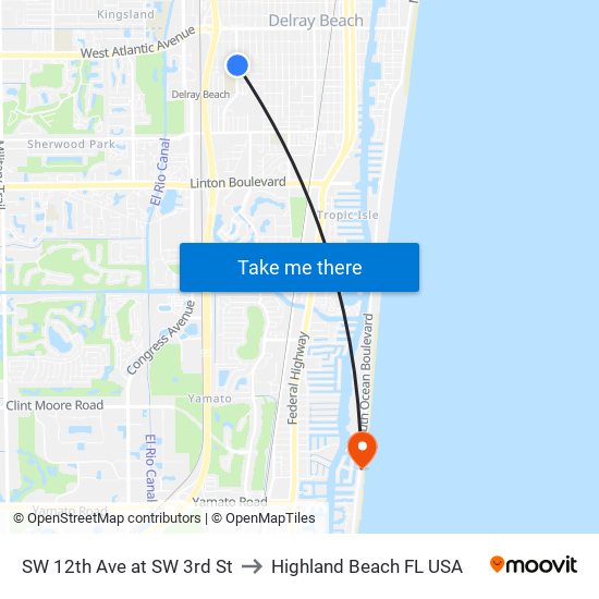 SW 12th Ave at SW 3rd St to Highland Beach FL USA map