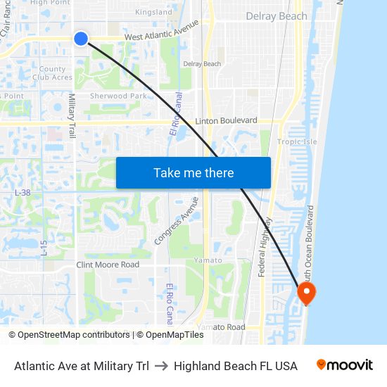 ATLANTIC AVE at MILITARY TRL to Highland Beach FL USA map