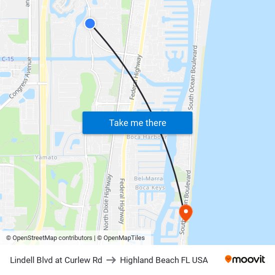 Lindell Blvd at Curlew Rd to Highland Beach FL USA map