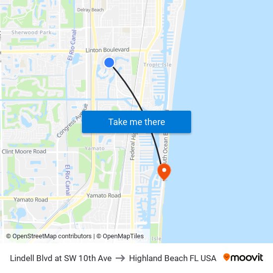 Lindell Blvd at SW 10th Ave to Highland Beach FL USA map